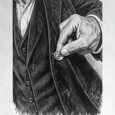 Vertical charcoal of a tailor's hand pinning a button to a lapel, deep velvet da