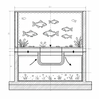 Blueprint-style cross-section of an aquaponics loop showing fish tank, sump, gro