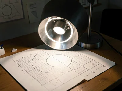 Metal lamp on drafting table, circular shade casting perfect ring of light on gr