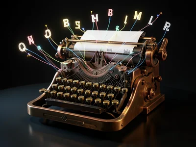 Typewriter that types in light, keys connected to fiber optic threads, letter ap