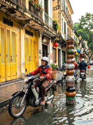 Ceramic pot tower balanced on motorbike