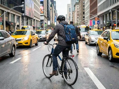 Bike messenger through city traffic