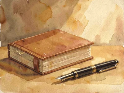 Warm still-life of a stack of hand-bound notebooks beside a fountain pen, low ho