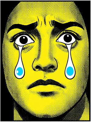 Close-up crying face — flat yellow skin, halftone shadow dots, single oversized 