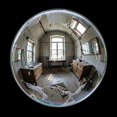 Soap bubble surface containing distorted room, entire reality curved onto sphere