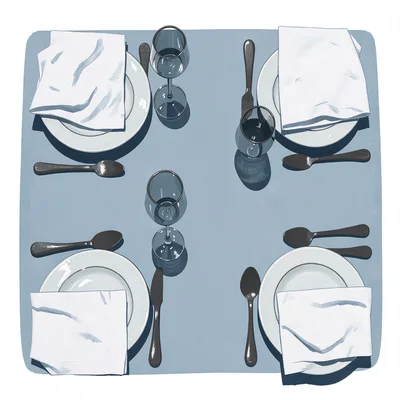 Overhead shot of a dinner table set for two, napkins and glasses as flat shapes