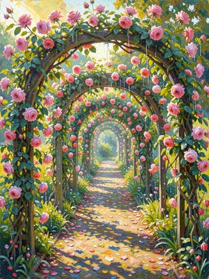 Garden path through rose arches, morning light breaking through and catching dro