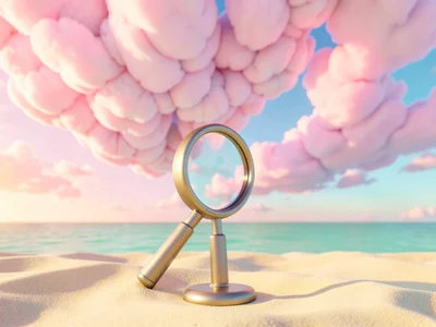 Cotton-candy pink sky meeting an aqua sea horizon with a single magnifying-glass