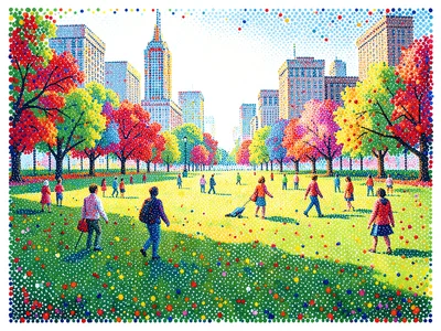 Sunday afternoon in a city park — figures scattered across grass, each built fro