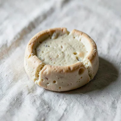 Aging oat-cream wheel of cheese with a slumped rind and fingernail dents around 