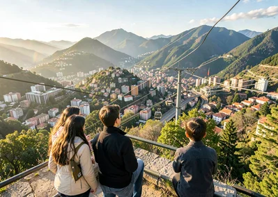 Eternal spring light over transforming Medellín, young people at hillside mirado