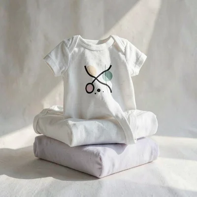 A trio of abstract baby-onesie mockups stacked in staggered depth on a soft canv