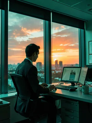 Office worker at sunset window
