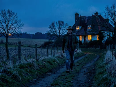 Farmer walking home across field at blue hour, farmhouse windows glowing amber