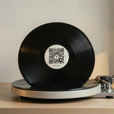 Vinyl record with QR code pressed into grooves, turntable, warm lighting