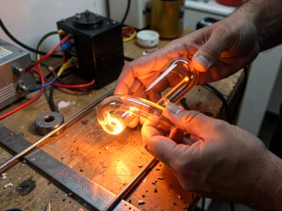 A glass tube glowing orange at the heat ribbon bend point, hands steadying the e