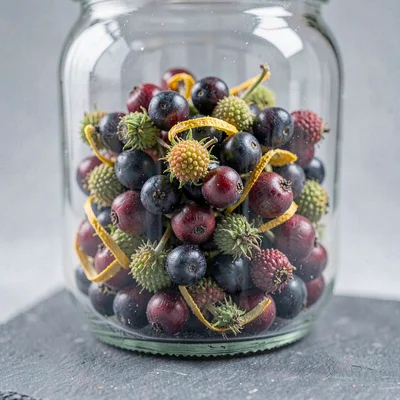 Macro of a glass infusion jar packed with hawthorn berries and citrus peel, slat