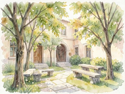 Soft-wash watercolor of a shared courtyard with linden trees, gentle pigment gra