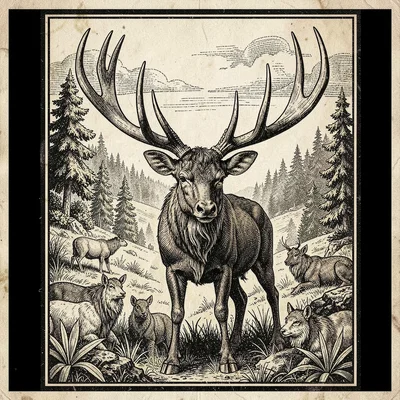 Craft beer label illustration, Stag with magnificent antlers , brewery label aes