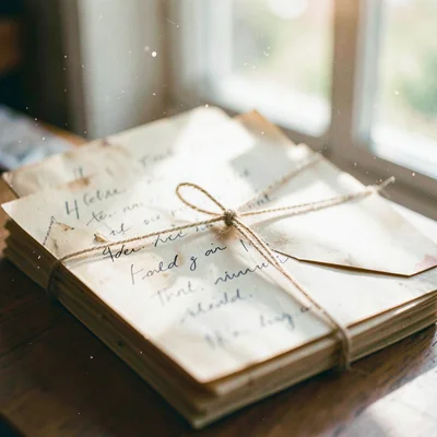 Stack of handwritten letters tied with kitchen string, ink faded to sepia, one e