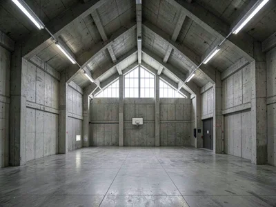 A brutalist sports hall — exposed concrete roof trusses, high clerestory windows