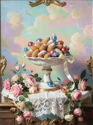 Candy dish overflowing with sugar-coated almonds and wrapped bonbons, tied ribbo