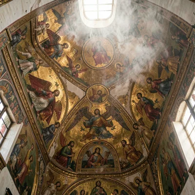 Intimate warm-toned photograph, Orthodox church painted ceiling angels in Byzant