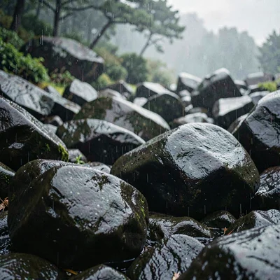 boulder field after rain, dark wet stone palette
