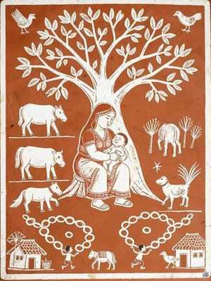 Mother nursing infant under a tree — animals and birds gathered around