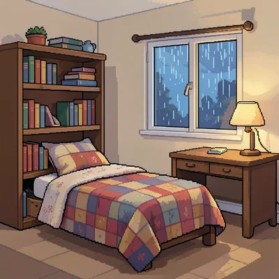 A cozy pixel art bedroom: a bed with a quilt, bookshelf, desk with a lamp, rain 