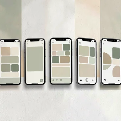 Screenshot grid of six phone mockups in a soft tilted row, each showing a music 