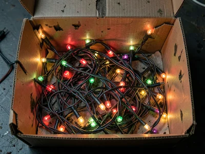 Tangled Christmas lights in storage box as texture study