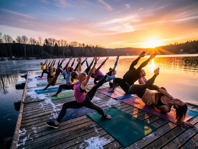 Group doing outdoor sunrise yoga on wooden dock over calm lake