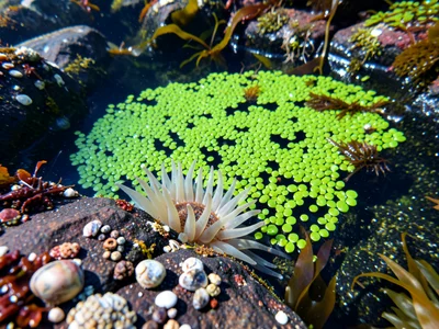 Duckweed-covered puddle surface, tiny floating plants tessellating into complete