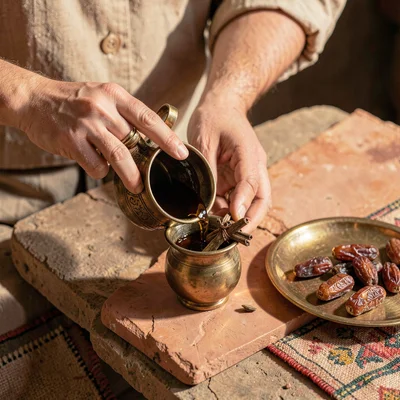 Warm desert-toned photograph, Hands pouring Arabic coffee from brass dallah into