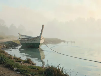 Punt boat half-pulled onto a bank, painter rope trailing into pale water, far sh
