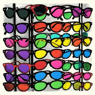 Rows of sunglasses on a rack, each pair a different primary color