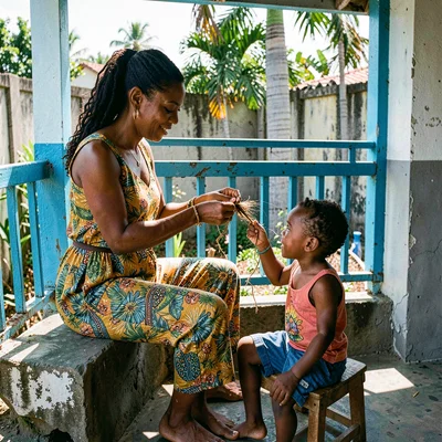Documentary photograph with Jamaican yard aesthetic, A woman braiding hair on a 