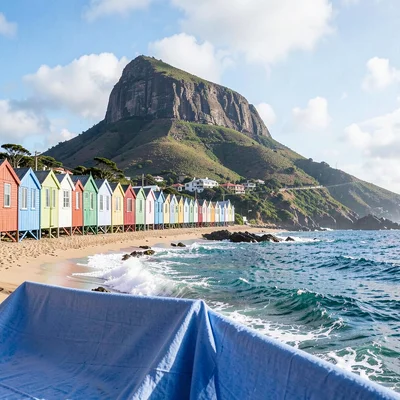 Cape Town mountain-sea duality, Table Mountain backdrop, colorful beach huts in 