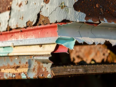 Bridge steel girder paint, industrial layers of zinc primer, red oxide, and grey