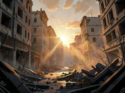 Abandoned post-war city street at golden hour with a single low sunbeam between 