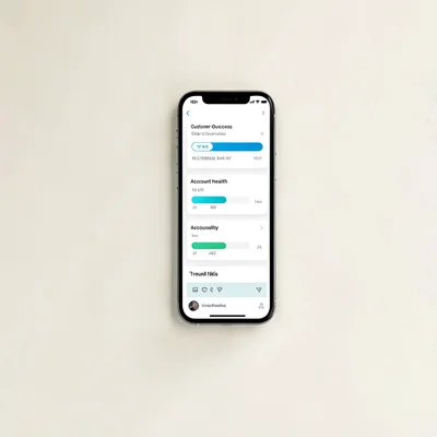 Side-angle product shot of a customer-success app window floating above a cream