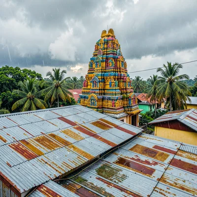 Vivid photograph with Trinidadian cultural fusion aesthetic, Temple gopuram risi