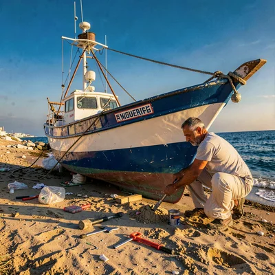 Mediterranean summer photograph, August dry heat, A man repairing a fishing boat