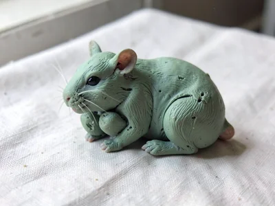 Pet sage-green hamster curled with thumb-pressed cheek pouches and fingernail de
