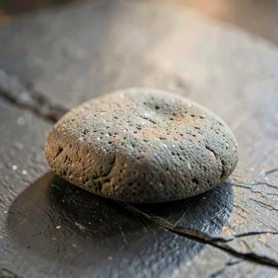 Macro of a smooth river stone resting on a textured slate surface, soft directio