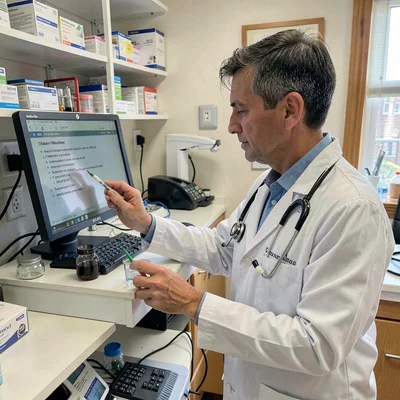 Documentary photography, unposed moment, Pharmacist explaining medication instru