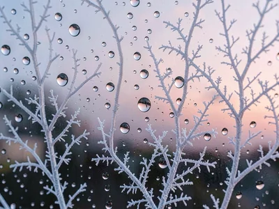 A condensation field beading and freezing on dark glass, half the droplets glass