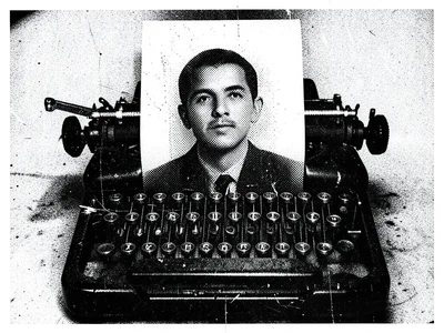A typewriter with paper emerging that shows a photograph dissolving into halfton