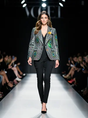 Peacock wearing Chanel-style tweed jacket, runway pose, fashion show background